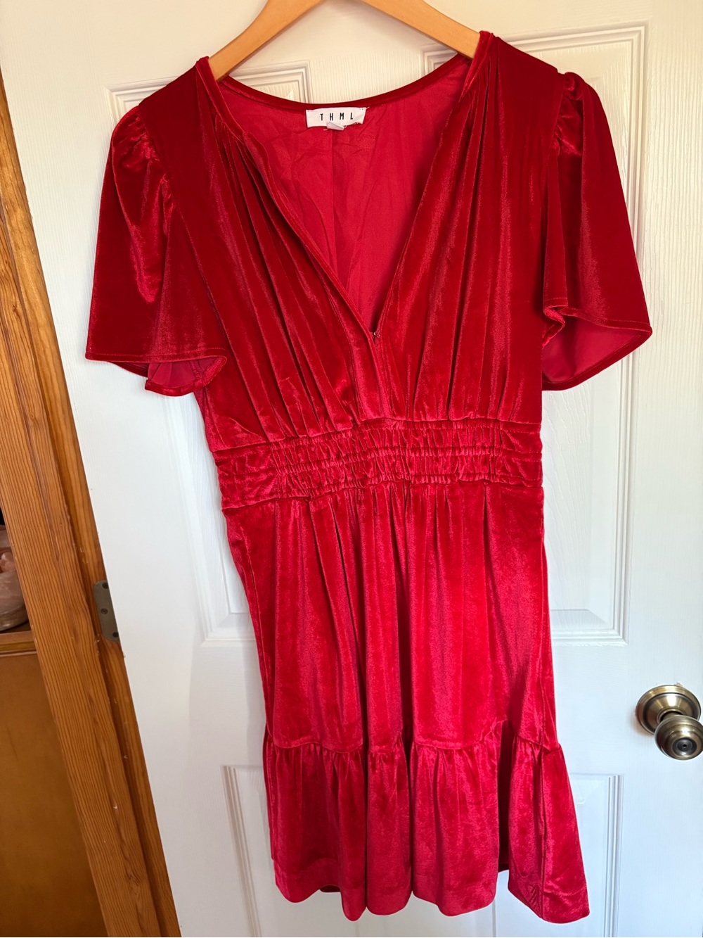 THML Red Velvet V Neck Dress Size Medium Holiday Party